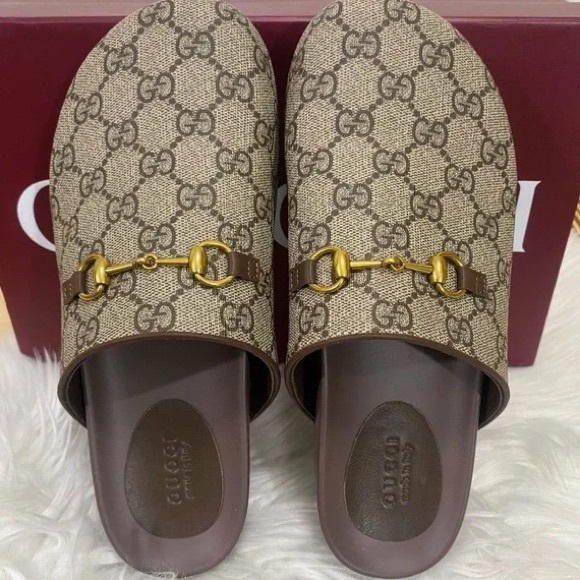 Gucci Beige and Brown Patterned Loafers with Gold Detail - Picture 1 of 6